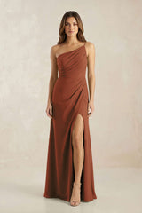 One-Shoulder Sheath Chiffon Ruched Bridesmaid Dress in Terracotta | KISSBRIDAL