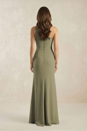 One-Shoulder Sheath Chiffon Ruched Bridesmaid Dress in Thyme (2) | KISSBRIDAL