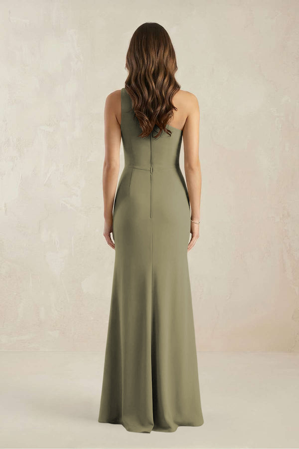 One-Shoulder Sheath Chiffon Ruched Bridesmaid Dress in Thyme (2) | KISSBRIDAL
