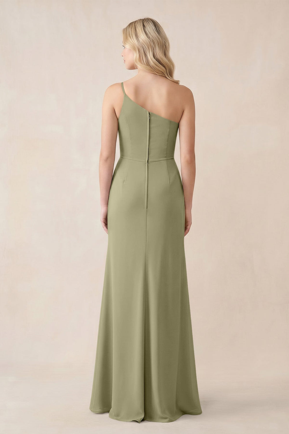 One - Shoulder Sheath Chiffon Ruched Bridesmaid Dress in Thyme - KISS BRIDAL Bridesmaid Dresses