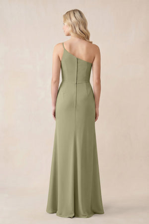 One - Shoulder Sheath Chiffon Ruched Bridesmaid Dress in Thyme - KISS BRIDAL Bridesmaid Dresses