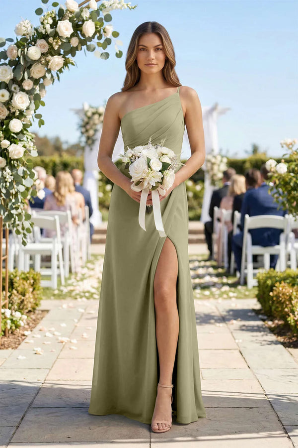 One - Shoulder Sheath Chiffon Ruched Bridesmaid Dress in Thyme - KISS BRIDAL Bridesmaid Dresses