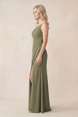 One-Shoulder Sheath Chiffon Ruched Bridesmaid Dress in Thyme (3) | KISSBRIDAL
