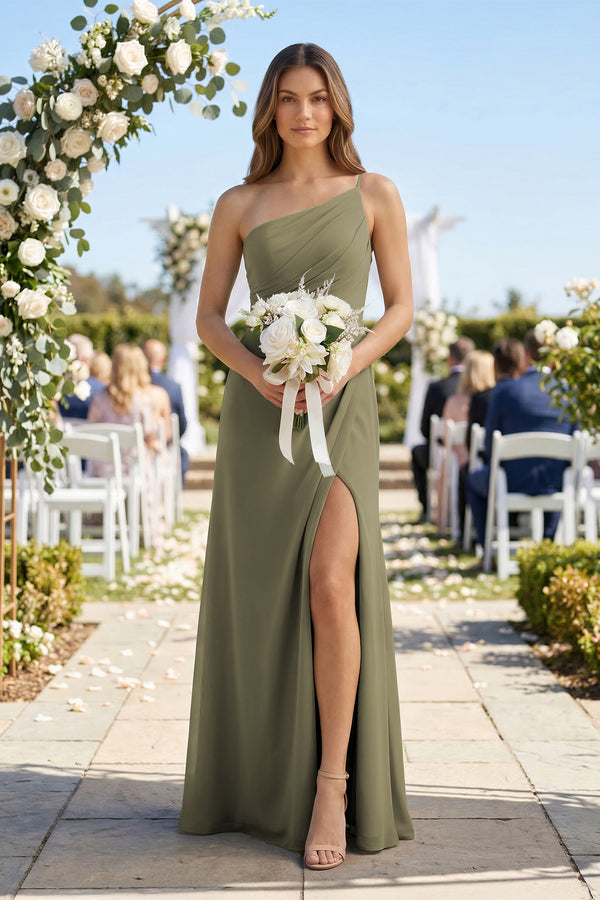 One-Shoulder Sheath Chiffon Ruched Bridesmaid Dress in Thyme (4) | KISSBRIDAL