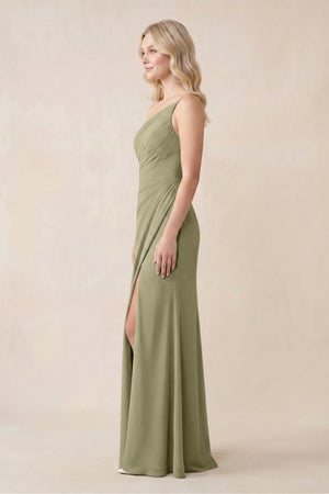 One - Shoulder Sheath Chiffon Ruched Bridesmaid Dress in Thyme - KISS BRIDAL Bridesmaid Dresses