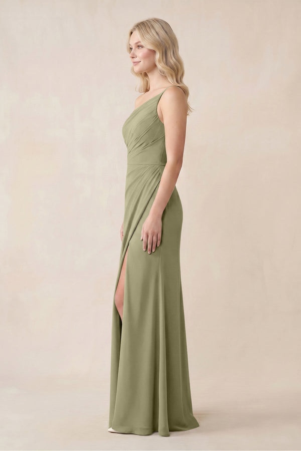 One - Shoulder Sheath Chiffon Ruched Bridesmaid Dress in Thyme - KISS BRIDAL Bridesmaid Dresses