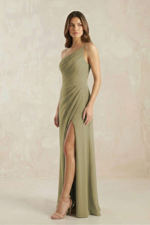 One - Shoulder Sheath Chiffon Ruched Bridesmaid Dress in Thyme - SHE IS ME Bridesmaid Dresses