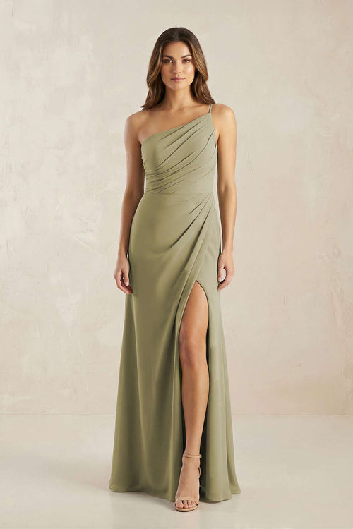 One - Shoulder Sheath Chiffon Ruched Bridesmaid Dress in Thyme - SHE IS ME Bridesmaid Dresses