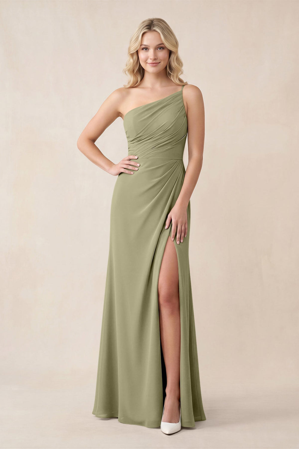 One - Shoulder Sheath Chiffon Ruched Bridesmaid Dress in Thyme - KISS BRIDAL Bridesmaid Dresses