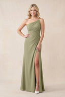 One - Shoulder Sheath Chiffon Ruched Bridesmaid Dress in Thyme - KISS BRIDAL Bridesmaid Dresses