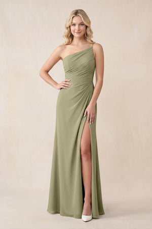 One - Shoulder Sheath Chiffon Ruched Bridesmaid Dress in Thyme - KISS BRIDAL Bridesmaid Dresses