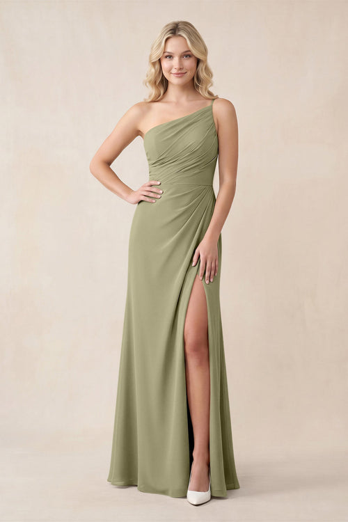 One - Shoulder Sheath Chiffon Ruched Bridesmaid Dress in Thyme - KISS BRIDAL Bridesmaid Dresses