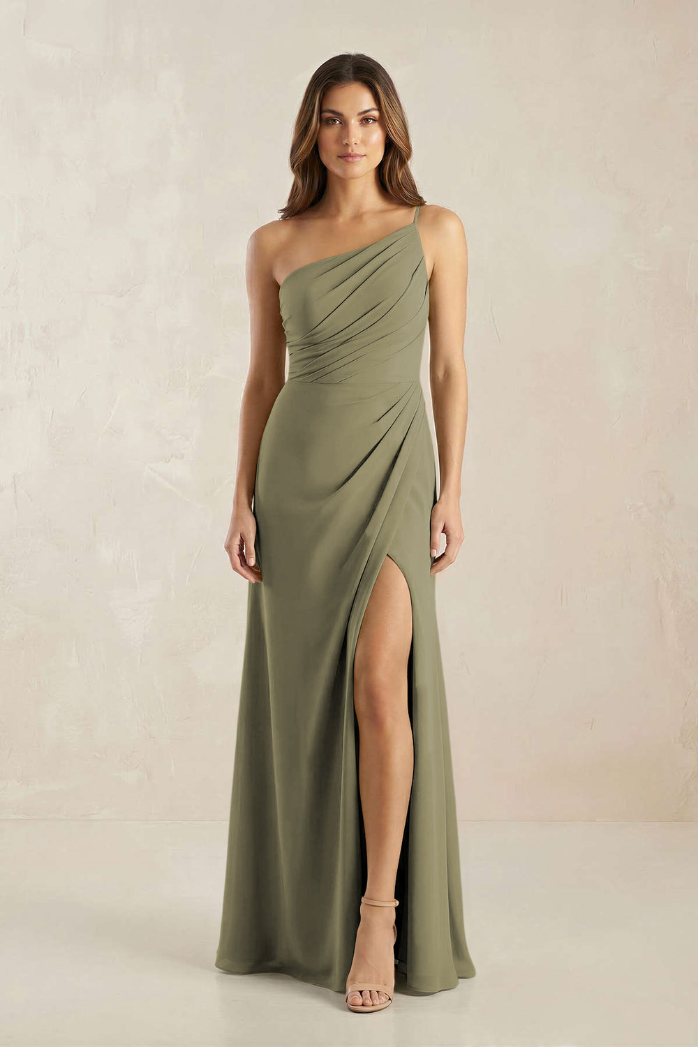 One-Shoulder Sheath Chiffon Ruched Bridesmaid Dress in Thyme
