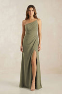 One-Shoulder Sheath Chiffon Ruched Bridesmaid Dress in Thyme | KISSBRIDAL