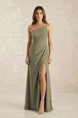 One-Shoulder Sheath Chiffon Ruched Bridesmaid Dress in Thyme | KISSBRIDAL