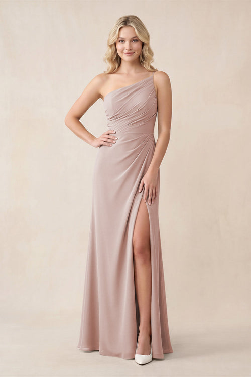 One - Shoulder Sheath Chiffon Ruched Bridesmaid Dress in Toffee - SHE IS ME Bridesmaid Dresses