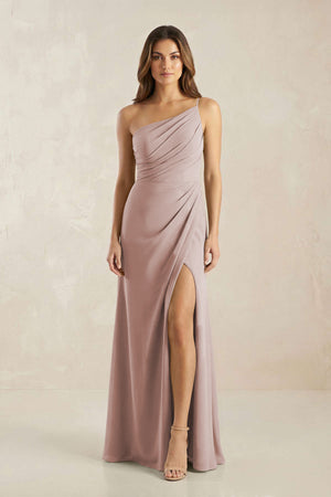 One-Shoulder Sheath Chiffon Ruched Bridesmaid Dress in Toffee | KISSBRIDAL