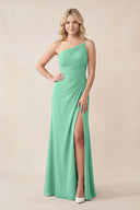 One - Shoulder Sheath Chiffon Ruched Bridesmaid Dress in Turquoise - SHE IS ME Bridesmaid Dresses
