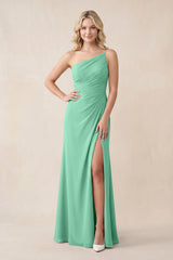 One - Shoulder Sheath Chiffon Ruched Bridesmaid Dress in Turquoise - KISS BRIDAL Bridesmaid Dresses