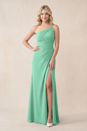 One - Shoulder Sheath Chiffon Ruched Bridesmaid Dress in Turquoise - SHE IS ME Bridesmaid Dresses