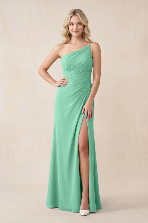 One - Shoulder Sheath Chiffon Ruched Bridesmaid Dress in Turquoise - SHE IS ME Bridesmaid Dresses