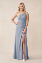 One - Shoulder Sheath Chiffon Ruched Bridesmaid Dress in Twilight - KISS BRIDAL Bridesmaid Dresses