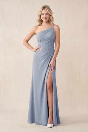 One - Shoulder Sheath Chiffon Ruched Bridesmaid Dress in Twilight - SHE IS ME Bridesmaid Dresses