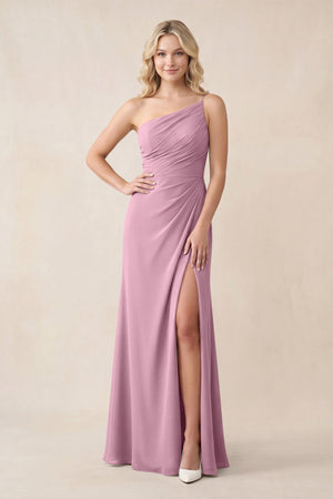 One - Shoulder Sheath Chiffon Ruched Bridesmaid Dress in Vintage Mauve - SHE IS ME Bridesmaid Dresses