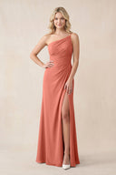 One - Shoulder Sheath Chiffon Ruched Bridesmaid Dress in Wild Rose - SHE IS ME Bridesmaid Dresses