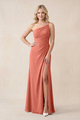 One - Shoulder Sheath Chiffon Ruched Bridesmaid Dress in Wild Rose - KISS BRIDAL Bridesmaid Dresses