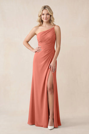 One - Shoulder Sheath Chiffon Ruched Bridesmaid Dress in Wild Rose - SHE IS ME Bridesmaid Dresses