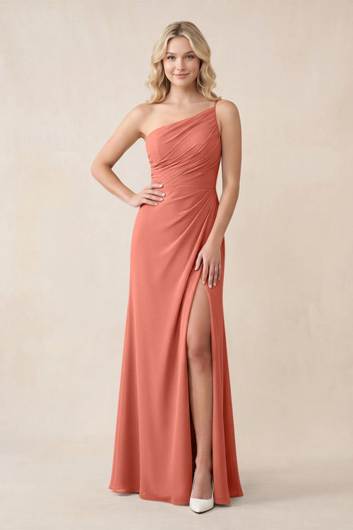 One - Shoulder Sheath Chiffon Ruched Bridesmaid Dress in Wild Rose - SHE IS ME Bridesmaid Dresses