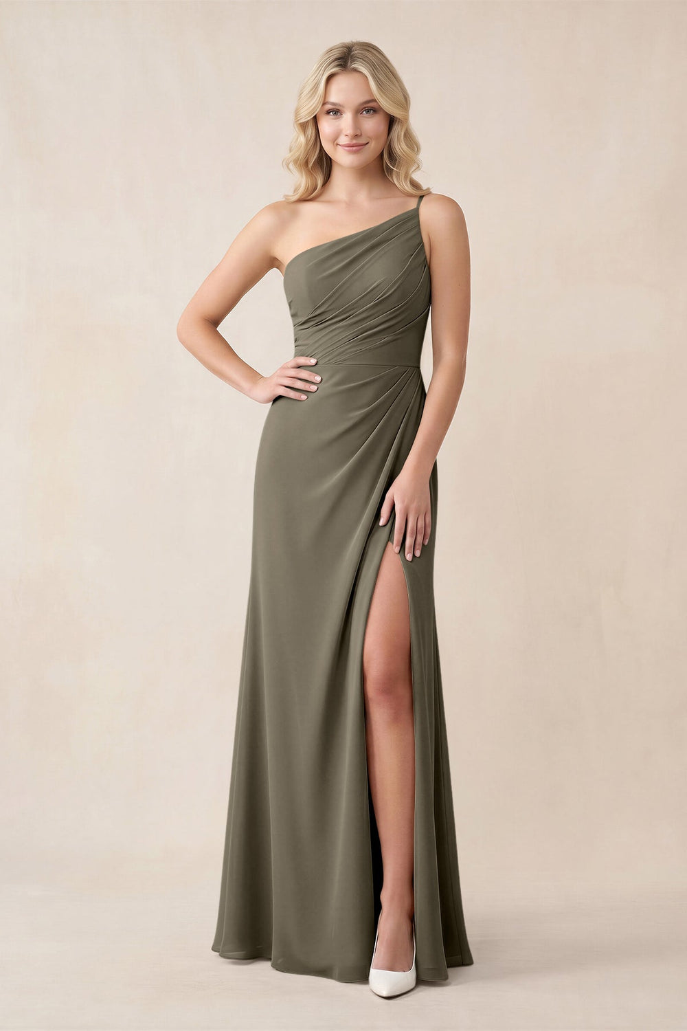 One - Shoulder Sheath Chiffon Ruched Bridesmaid Dress in Willow Green - KISS BRIDAL Bridesmaid Dresses