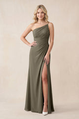 One - Shoulder Sheath Chiffon Ruched Bridesmaid Dress in Willow Green - KISS BRIDAL Bridesmaid Dresses