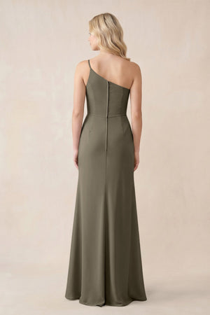 One - Shoulder Sheath Chiffon Ruched Bridesmaid Dress in Willow Green - SHE IS ME Bridesmaid Dresses