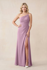 One - Shoulder Sheath Chiffon Ruched Bridesmaid Dress in Wisteria - KISS BRIDAL Bridesmaid Dresses