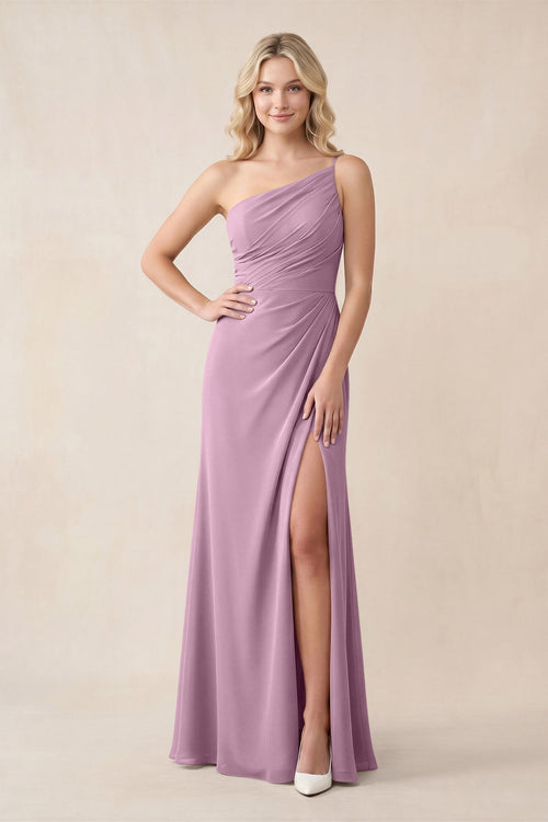 One - Shoulder Sheath Chiffon Ruched Bridesmaid Dress in Wisteria - SHE IS ME Bridesmaid Dresses