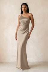 One - Shoulder Sheath Ruched Bridesmaid Dress in Almond - KISS BRIDAL Bridesmaid Dresses