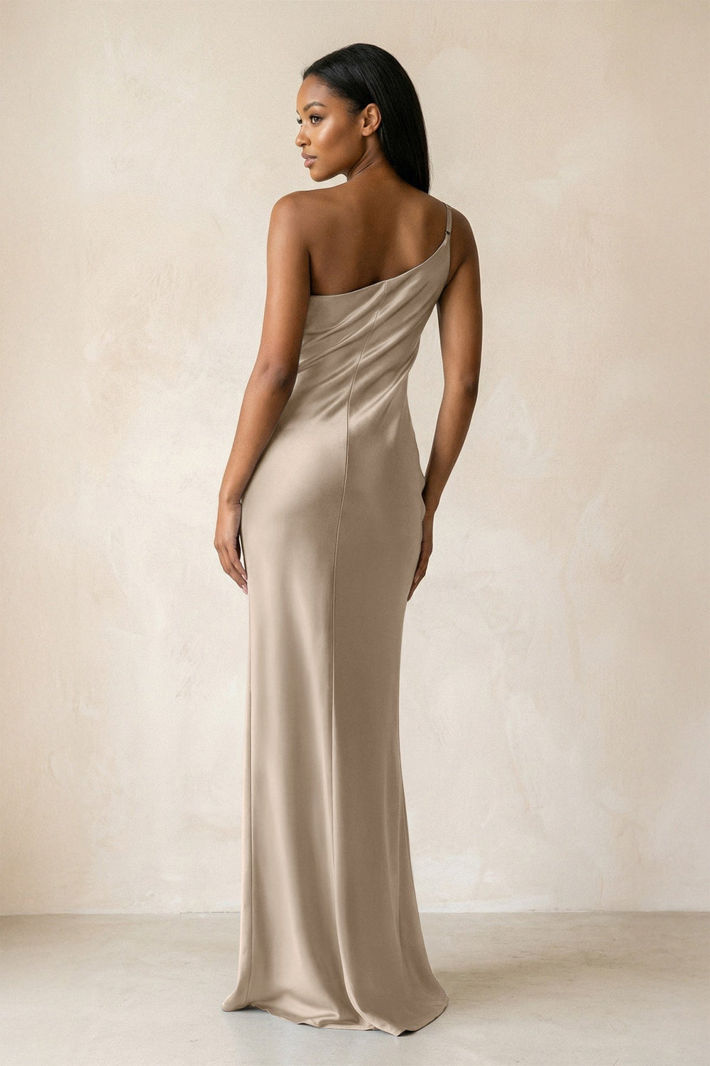 One - Shoulder Sheath Ruched Bridesmaid Dress in Almond - KISS BRIDAL Bridesmaid Dresses