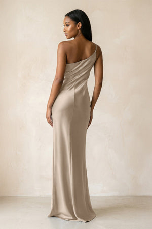 One - Shoulder Sheath Ruched Bridesmaid Dress in Almond - KISS BRIDAL Bridesmaid Dresses