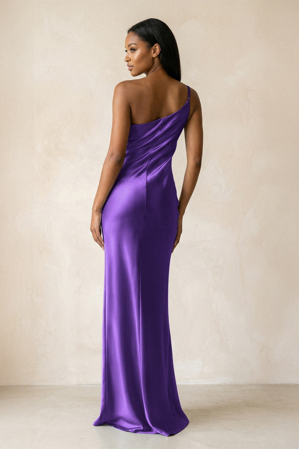 One - Shoulder Sheath Ruched Bridesmaid Dress in Amethyst - KISS BRIDAL Bridesmaid Dresses
