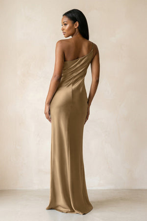 One - Shoulder Sheath Ruched Bridesmaid Dress in Apple Cinnamon - KISS BRIDAL Bridesmaid Dresses