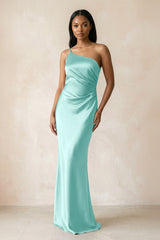 One - Shoulder Sheath Ruched Bridesmaid Dress in Aqua - KISS BRIDAL Bridesmaid Dresses