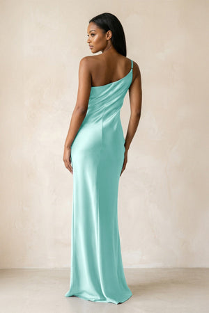 One - Shoulder Sheath Ruched Bridesmaid Dress in Aqua - KISS BRIDAL Bridesmaid Dresses