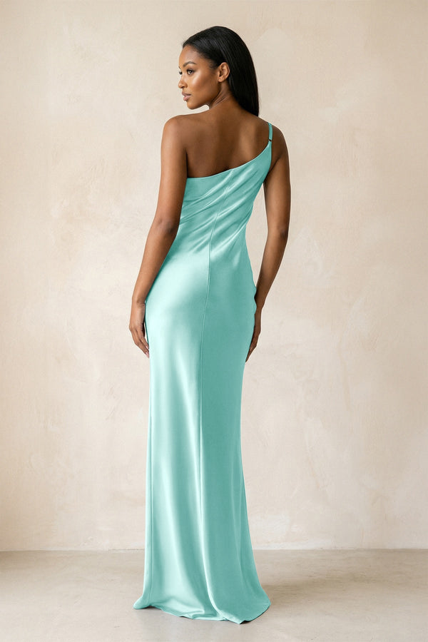 One - Shoulder Sheath Ruched Bridesmaid Dress in Aqua - KISS BRIDAL Bridesmaid Dresses