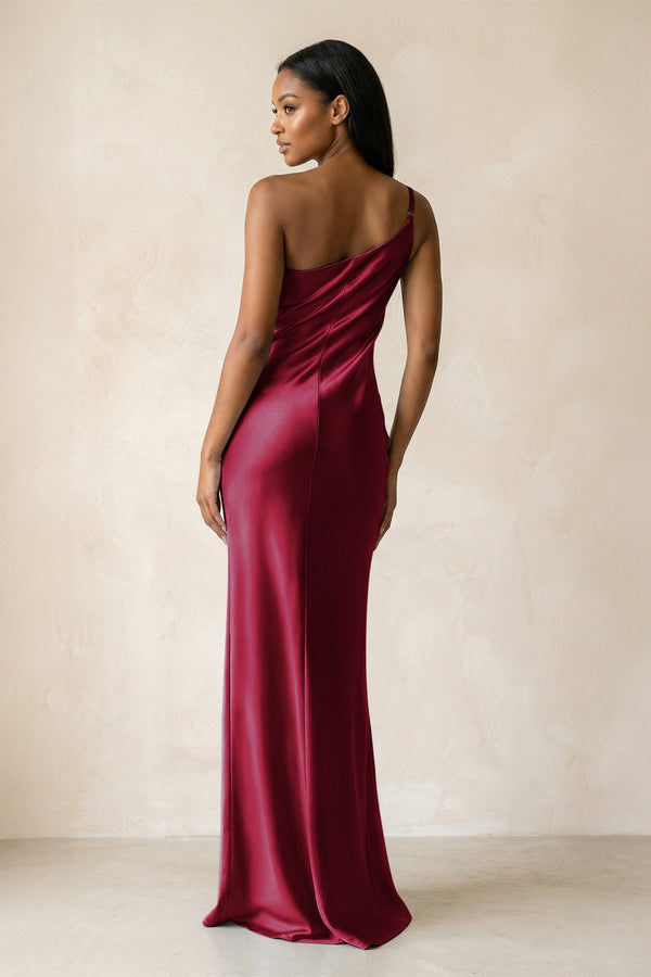 One - Shoulder Sheath Ruched Bridesmaid Dress in Berry - KISS BRIDAL Bridesmaid Dresses