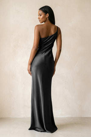 One - Shoulder Sheath Ruched Bridesmaid Dress in Black - KISS BRIDAL Bridesmaid Dresses