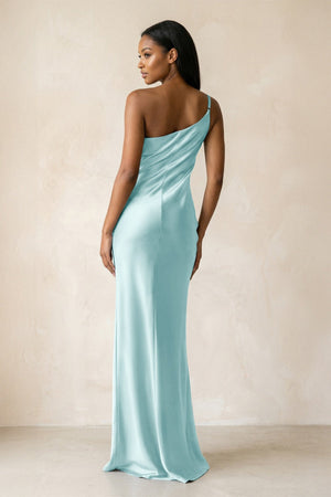 One - Shoulder Sheath Ruched Bridesmaid Dress in Bleached Aqua - KISS BRIDAL Bridesmaid Dresses