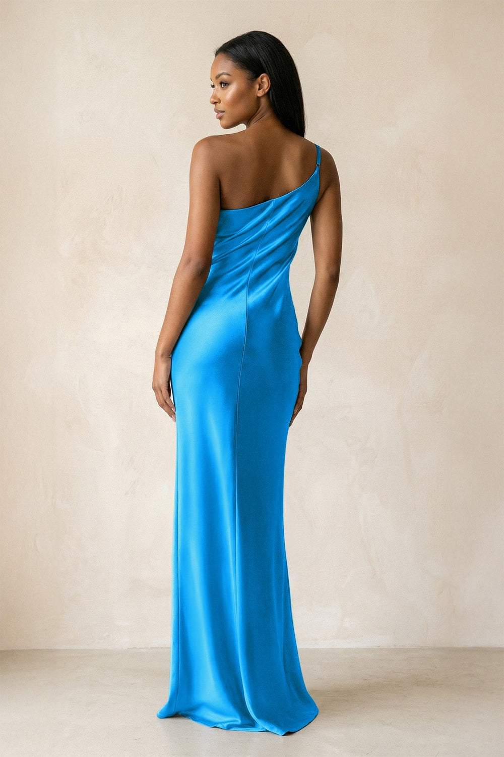 One - Shoulder Sheath Ruched Bridesmaid Dress in Blue Jay - KISS BRIDAL Bridesmaid Dresses