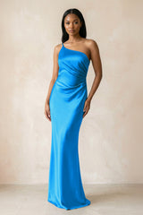 One - Shoulder Sheath Ruched Bridesmaid Dress in Blue Jay - KISS BRIDAL Bridesmaid Dresses